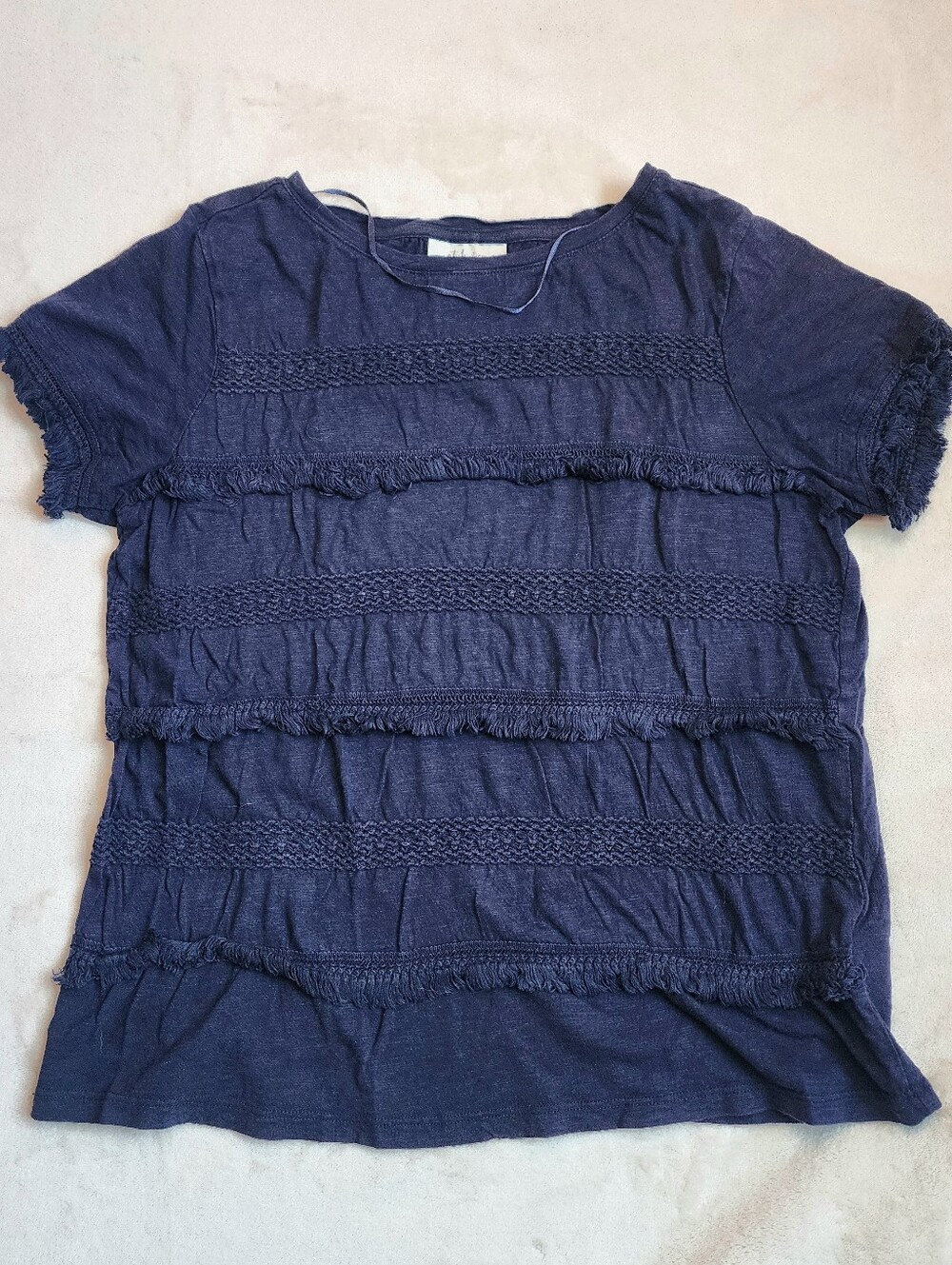 Style & Co. Navy Short Sleeve Tired Fringe & Crochet Trim Tee Small Boho